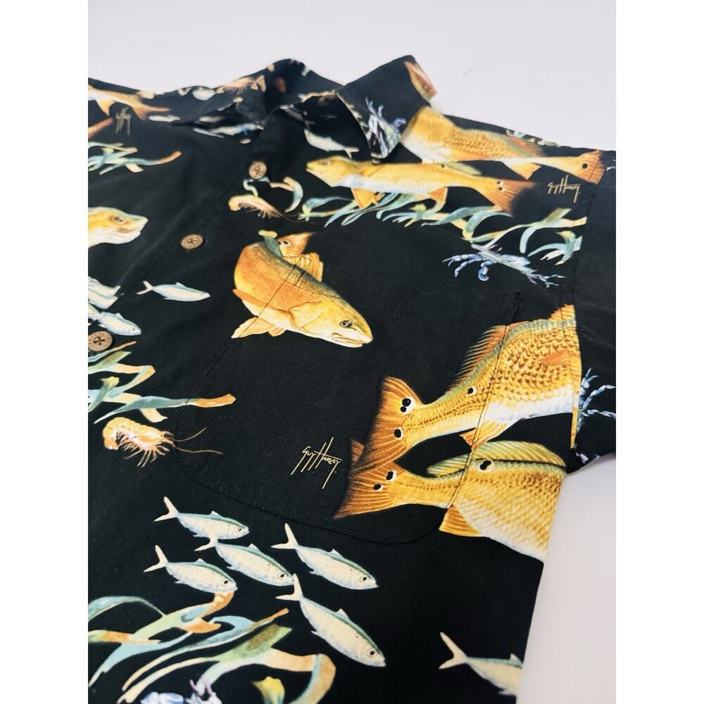 Vintage Guy Harvey By AFCO Bluewater Mens Black Button Up Hawaiian Shirt Aquatic - Picture 9 of 10